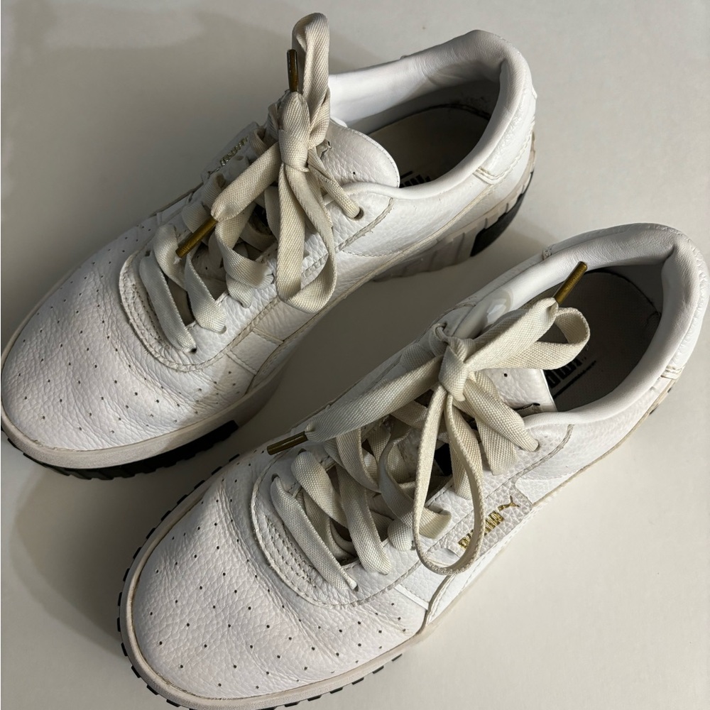 Puma Women’s White Leather Sneakers with Gold Accents Size 8